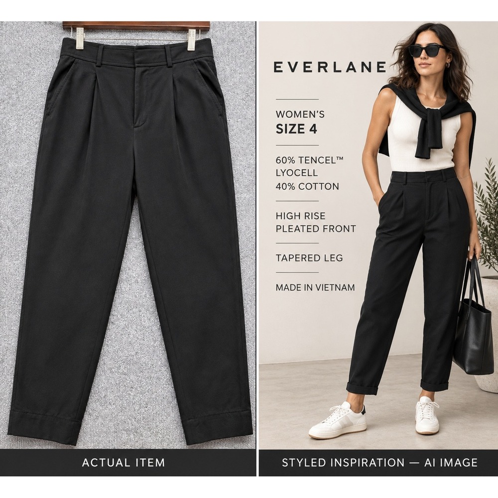 Everlane Tapered Pleated Pants Womens High Rise Tencel Cotton Black 4 Excellent